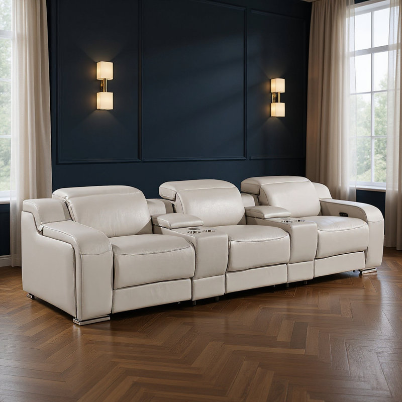 129" Light Grey Italian Leather Reclining USB Sofa