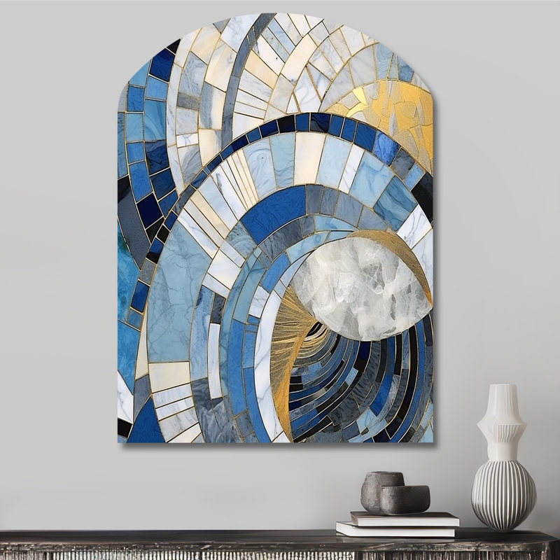 «Gold Constructing Blue Realms I - Arch Abstract Shapes», décoration murale en métal asymétrique, H 34 po x l 25 po