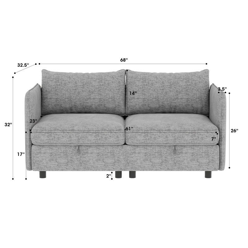 Loveseat Sectional Sofa with Hidden Storage, Gray Polyester