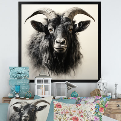 «Black Charcoal Goat Portrait III», art mural animal de chèvre