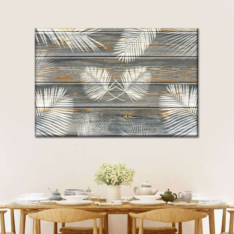 Feuilles de palmier en bois sur toile, H 16 po x l 24 po x P 1,25 po