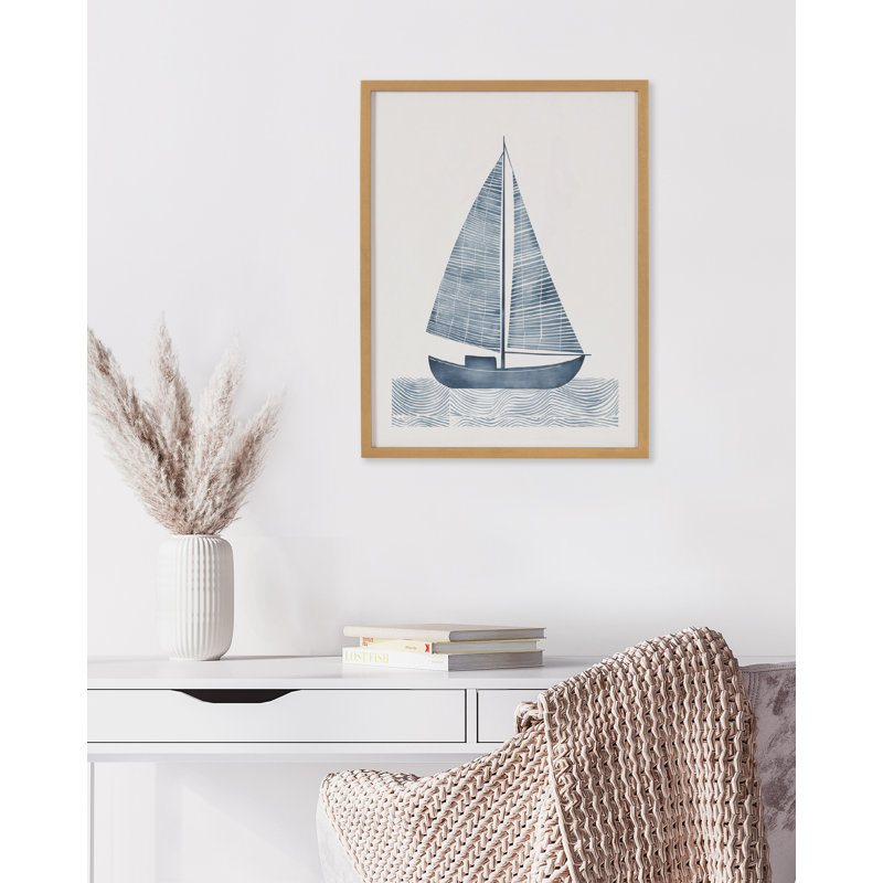 «Nautical Blue Sailboat» par The Creative Bunch Studio, reproduction d'art encadrée, Cadre doré, H 12,65 po x l 16,65 po