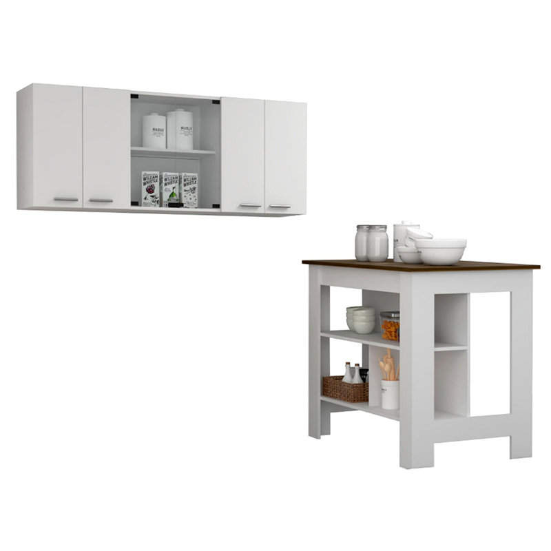Briargate 2-Piece Kitchen Set, Kitchen Island And Wall Cabinet, White And Walnut