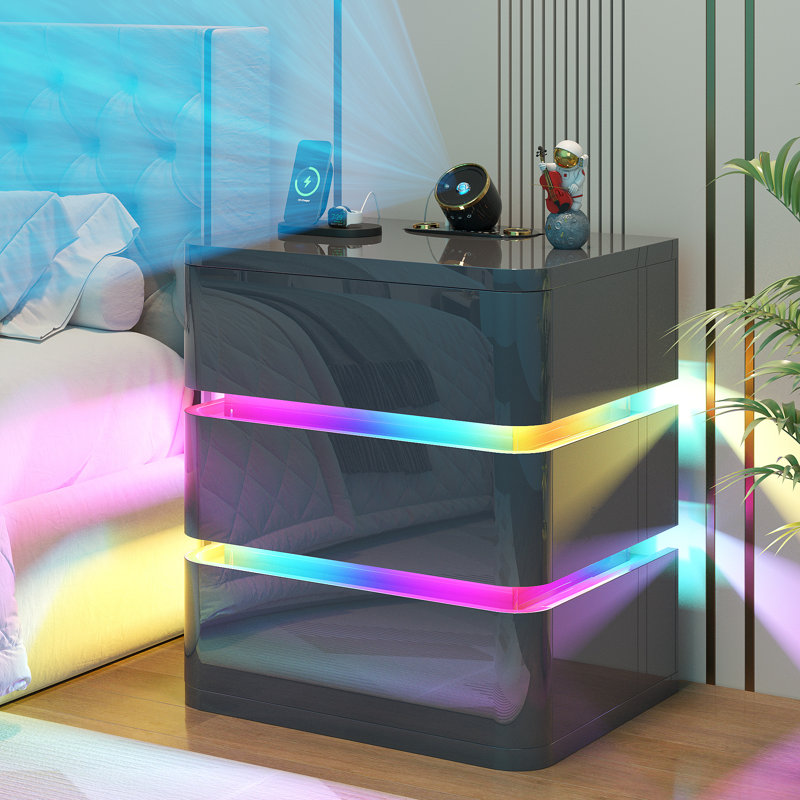 Fully Assembled 3-Drawer Nightstand with Charging Station and Motion Sensor RGB Light, Curved Profil, Grey
