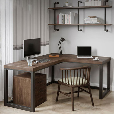 Nut-brown+Black L-Shaped Solid Wood+Carbon Steel desk
