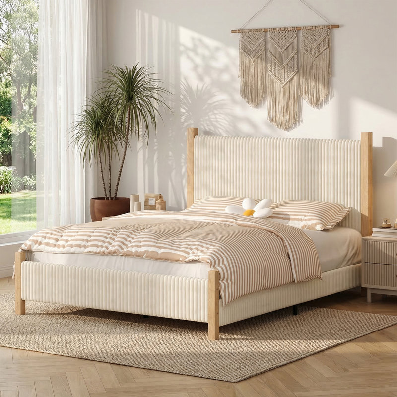 Bed Frame and Headboard, Corduroy Upholstered Bed Frame, Vertical Channel Design Headboard, Queen, Beige