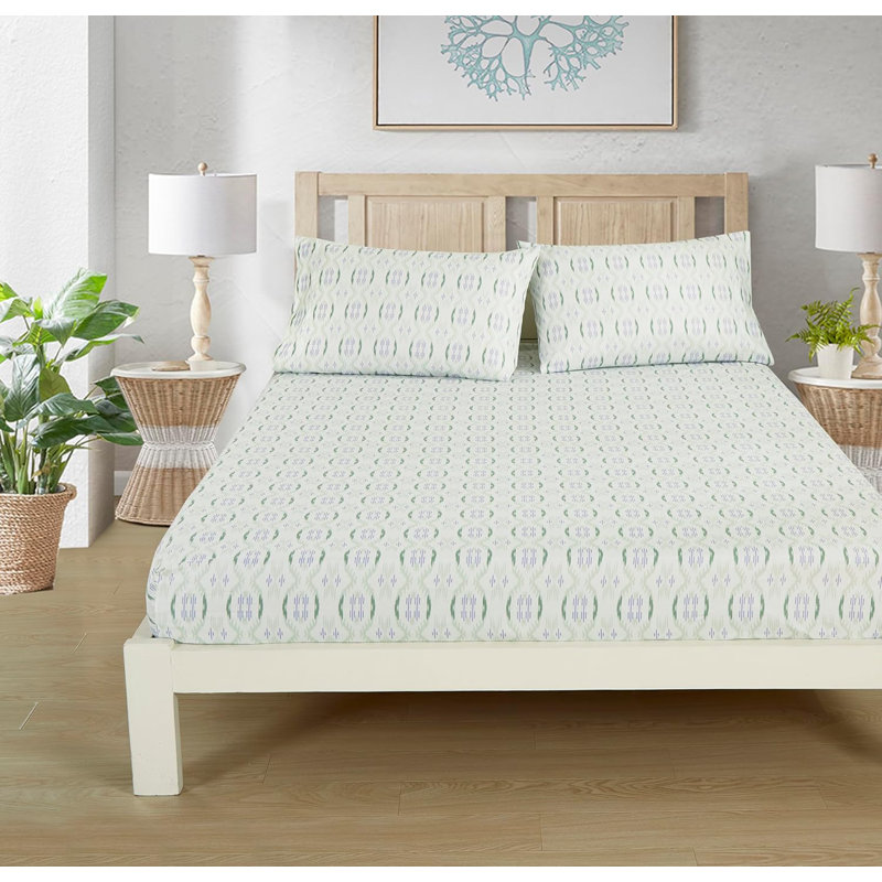 Cabin Lodge Geometric Printed Microfiber Bed Sheet Set, White/Green/Purple Geometric, Queen Sheet Set with 2 Pillowcases