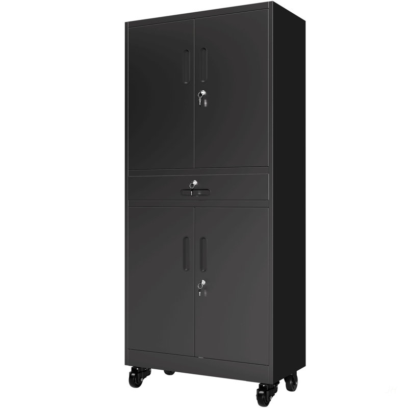 Metal Storage Cabinet with Drawer, 71" Garage Cabinet with Locking Doors and 2 Adjustable Shelves, Heavy Duty Tool Cabinet with Pegboard, 8 Hooks & Rolling Wheels for Home Office Utility