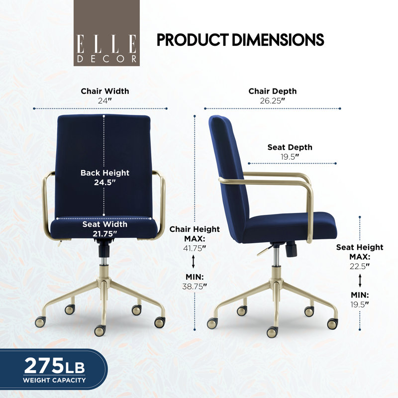 Elle Decor Giselle Modern Home Office Desk Chair with Gold Arms and Base, Blue