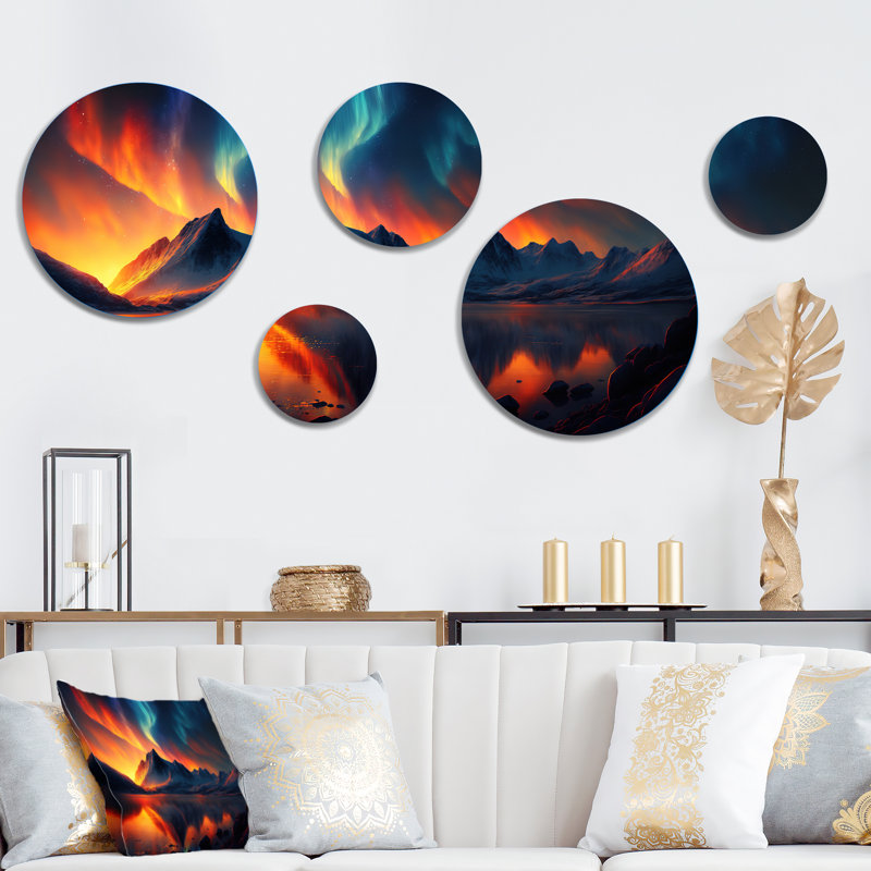 Magnifique coucher de soleil sur le lac avec aurores boréales - Paysage mural en métal