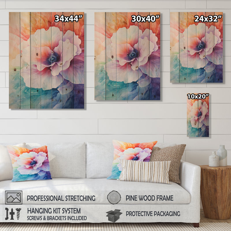 Décoration pourpre mauve symphonie d'anémone II - coquelicots en bois sur bois de pin naturel, H 44 po x l 34 po x P 0,78 po