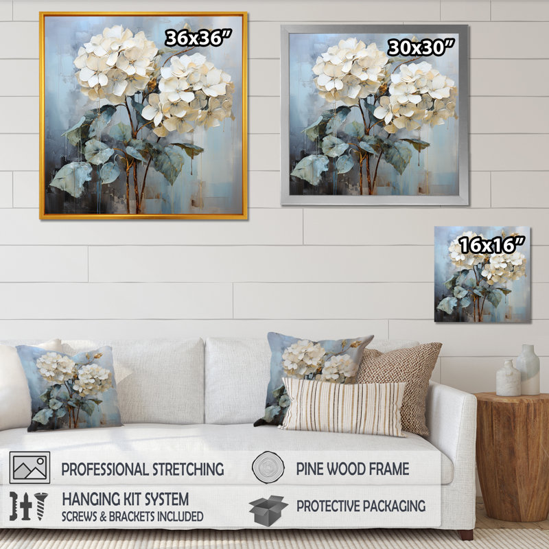 Hydrangées bleues dans des tons de gris sur toile, H 16 po x l 16 po x P 1 po, Cadre simple blanc