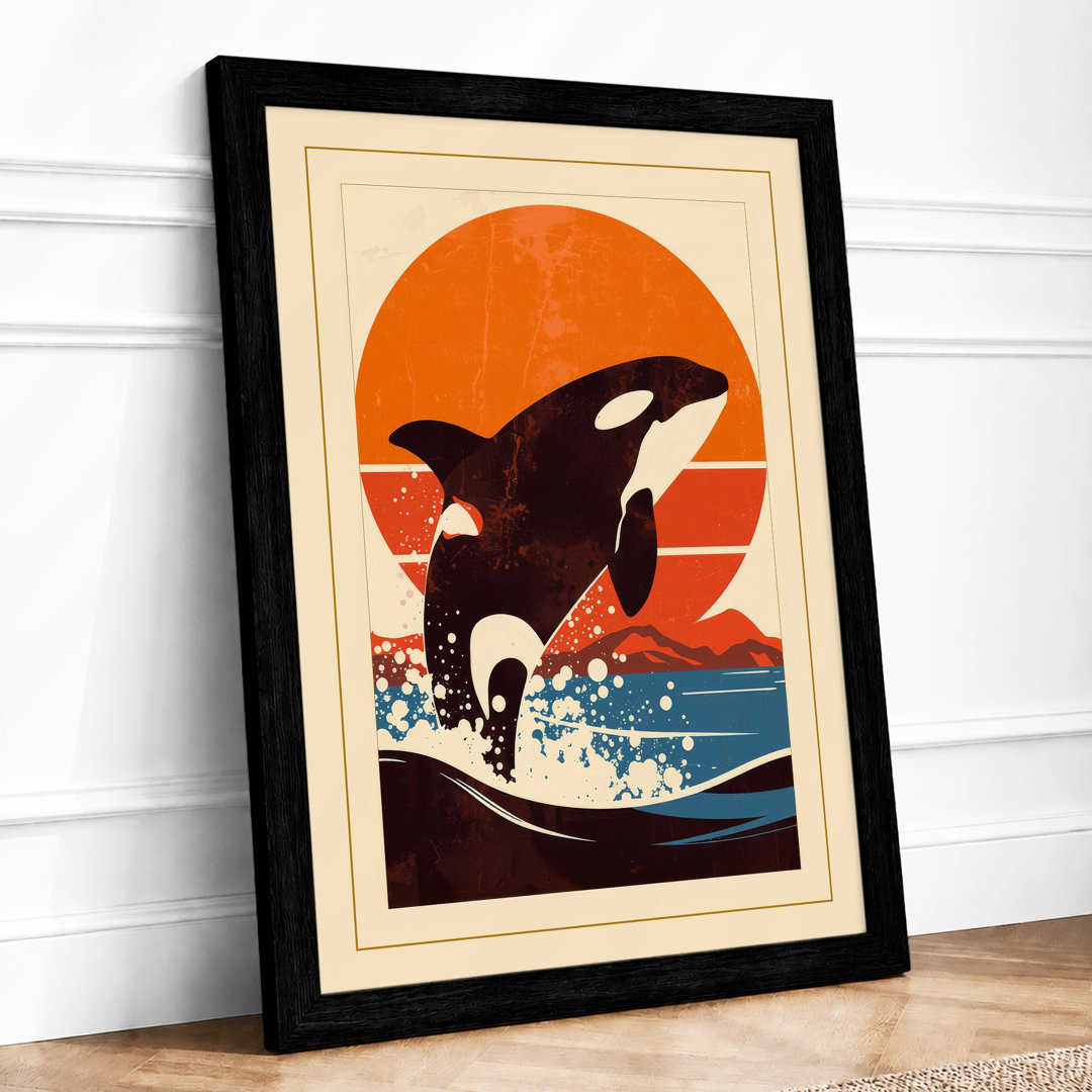 Leaping Orca at Sunset Art Deco - Framed Print