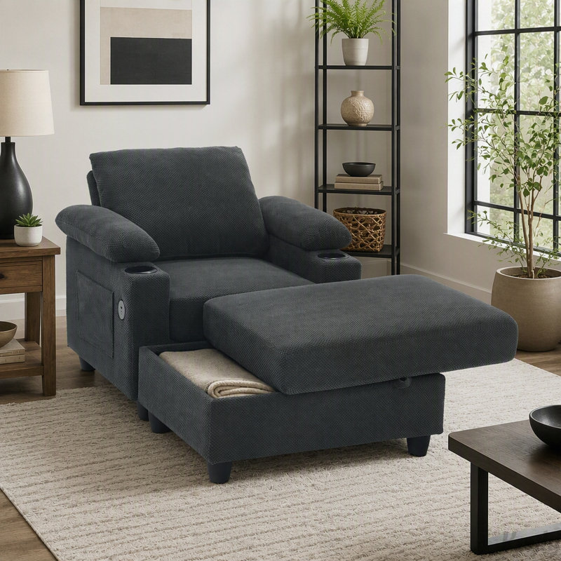 Ensemble de fauteuil d'appoint et repose-pieds avec dossier inclinable, Tissu gris foncé