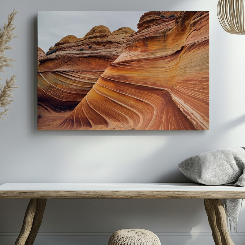 Toile vue rapprochée de formes complexes de grès coulant dans un art mural, tons chauds d'orange et de brun, mettant en valeur la toile lisse
