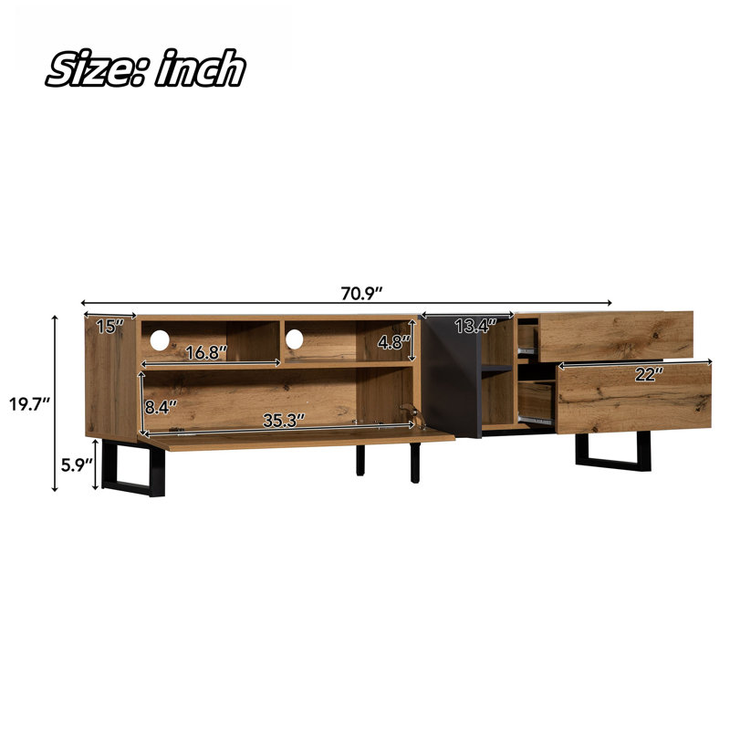Michl 70.9'' Wide TV Stand with Shelves And Drop Down Doors, Brown/Black