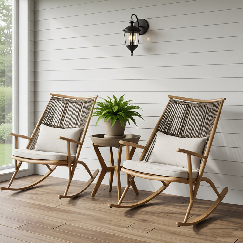 Ensemble de 2 chaises berçantes élégantes en fer avec finition érable et table d'appoint en béton et acacia pour la détente en plein air