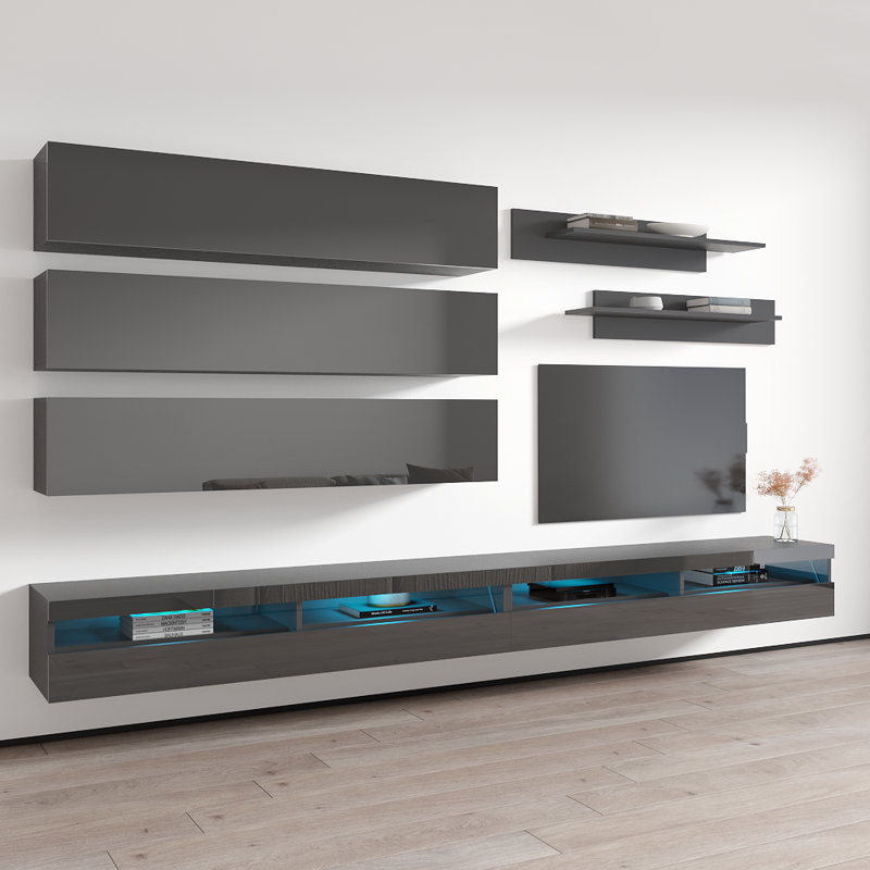 Meuble audio-vidéo mural flottant moderne de 126 po avec éclairage à DEL 16 couleurs Beauman Beauman, Gris