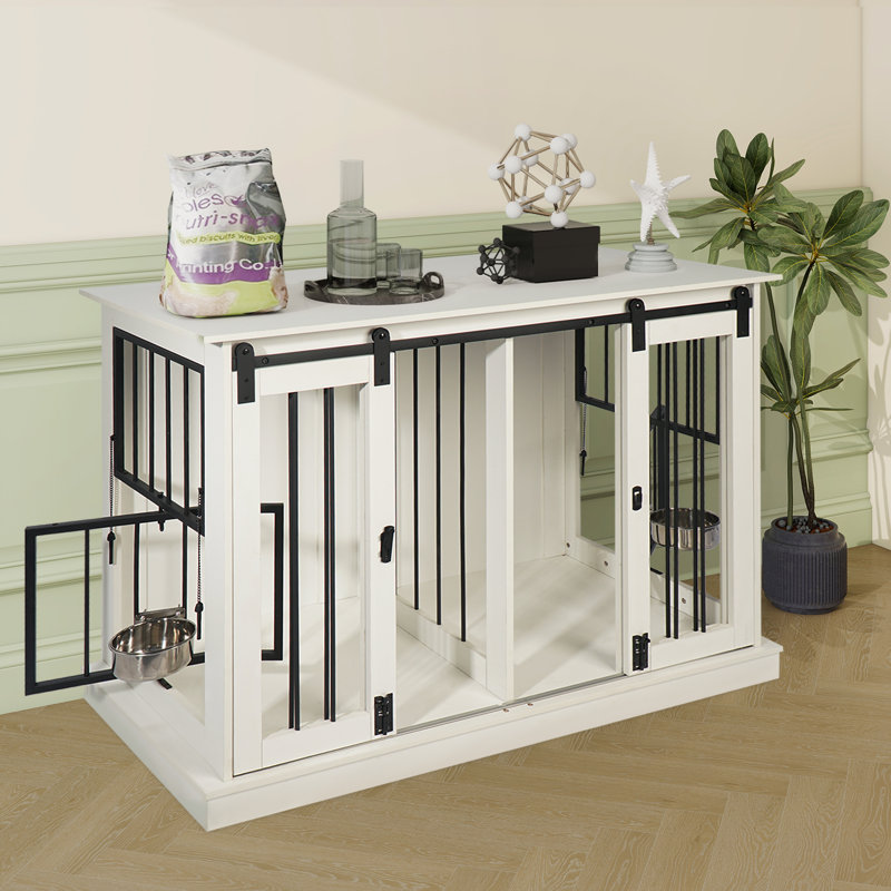 White Medium Wooden Dog Crate Table with Sliding Doors