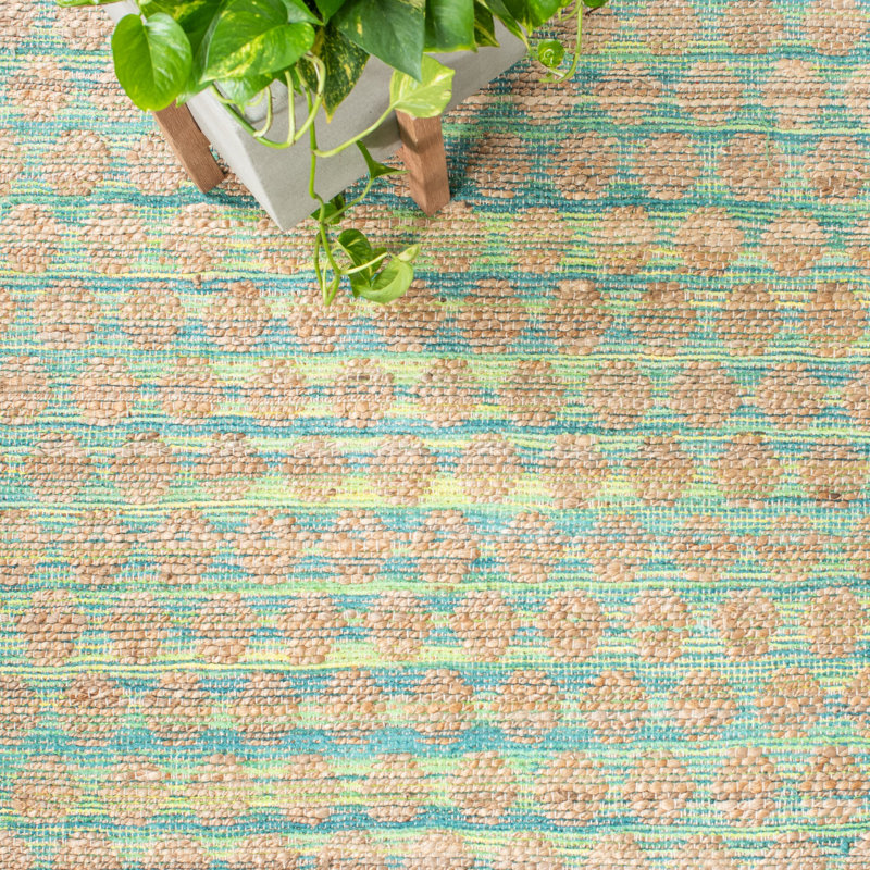 Arria Cape Cod Hand Woven Jute/Cotton Polka Dots Rug in Teal/Natural, Rectangle 4' x 6'