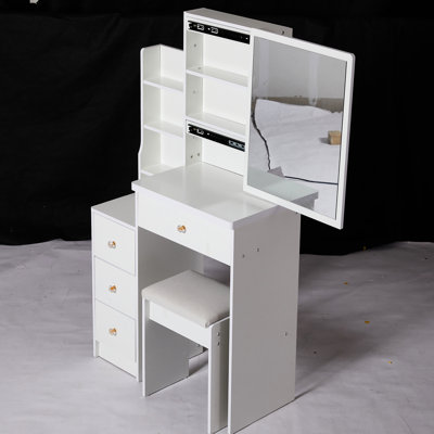 Compact Left Bedside Dresser Vanity, Includes Cushioned Stool & Extra Large Sliding Mirror, Multi-Layer Storage, Elegant White For Areas Small Space- Cabinet Vanity Table, With Padded Big Fashionable