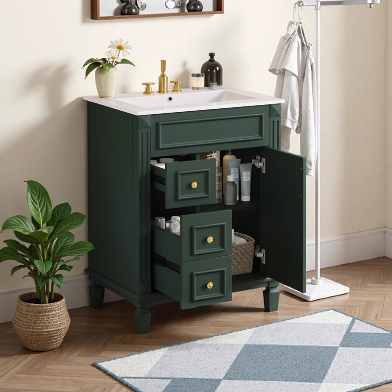 Meuble-lavabo de 24 po d'inspiration française avec lavabo en céramique, petite armoire avec 2 tiroirs à fermeture en douceur et tablette réglable, vert