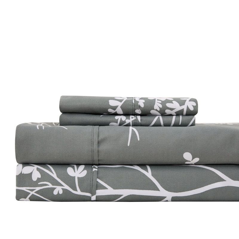 Microfiber Floral Sheet Set, Twin Sheet Set + 1 Fitted Sheet + 1 Pillowcase, Gray