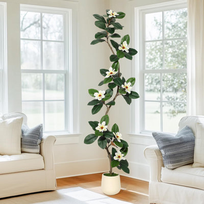 Rubber Tree Artificial Tree In White Planter Pot,Faux Plants Indoor Faux Floor Plant Artificial Plants With 8 Pcs Magnolia Flowers