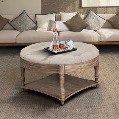Round Tufted Upholstered Fabric Ottoman