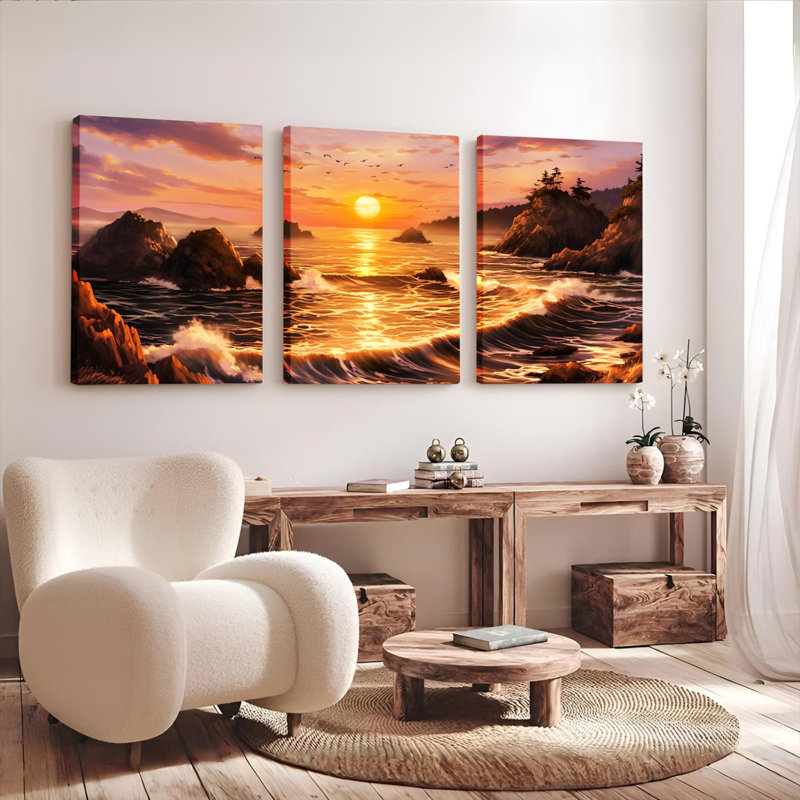 Ensemble de 3 toiles murales représentant un paysage de vagues au coucher du soleil, 1218