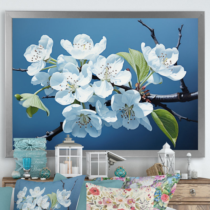 Fleur de pommier monochromatique élégance III, reproduction sur toile, H 24 po x l 32 po x P 1 po, Cadre photo argenté