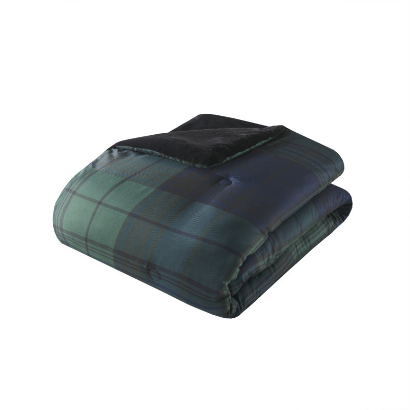 Full Green Plaid Faux Fur Down Alternative Comforter Set