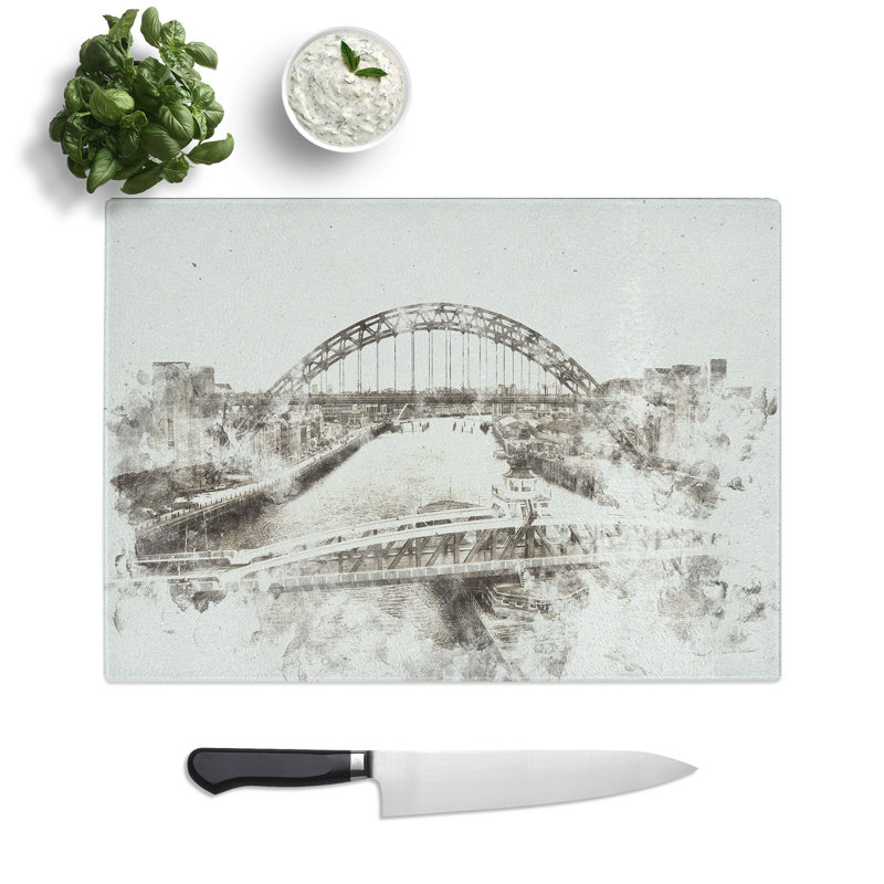 Tempered Glass Tyne Bridge Linking Newcastle Watercolour Chopping Board, 28.5 cm x 39 cm