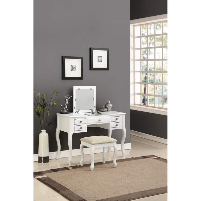 Classic 1 Vanity With Stool In White, Plywood , Open-up Mirror, Drawers, Cushion Seat, Unique Legs, Top Panel For Bedroom Use Modern White Stool, Rubber Wood, Legs Furniture