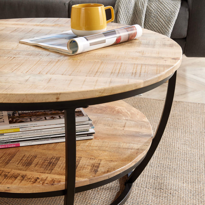 Afsar Solid Wood Round Coffee Table with Storage Shelf