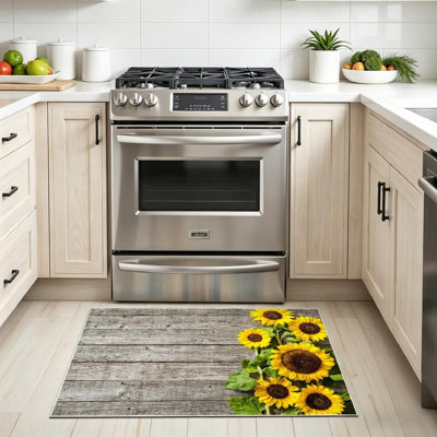 Yellow Autumn Sunflowers Wooden Board Sunflower Wood Border Rustic Machine Washable Indoor Area Rug