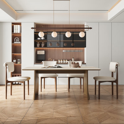 5-Piece Dining Set Rectangular Dining Table & 4 Cream Faux Leather Upholstered Dining Chairs, 5-Piece Kitchen Dining Set For Small Spaces & Dining Room