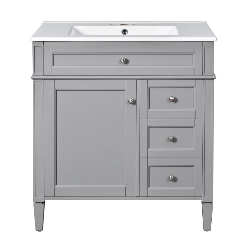 Meuble-lavabo moderne de 30 pouces avec lavabo en céramique, armoire en bois massif gris avec tiroir basculant et rangement