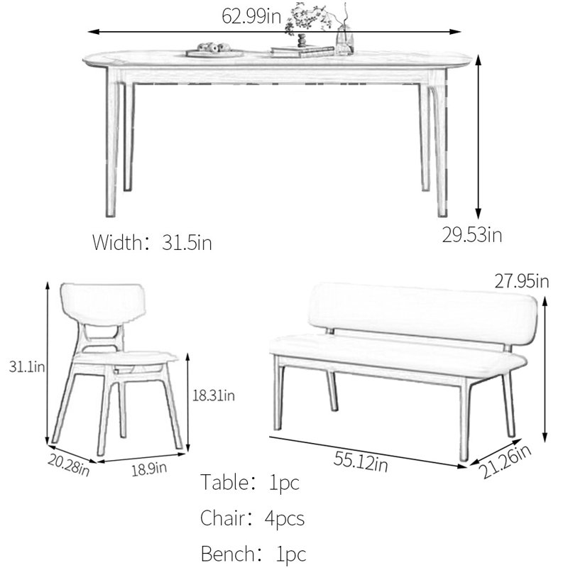 Simple sintered stone dining table set, 29.53"H x 62.99"L x 31.5"W