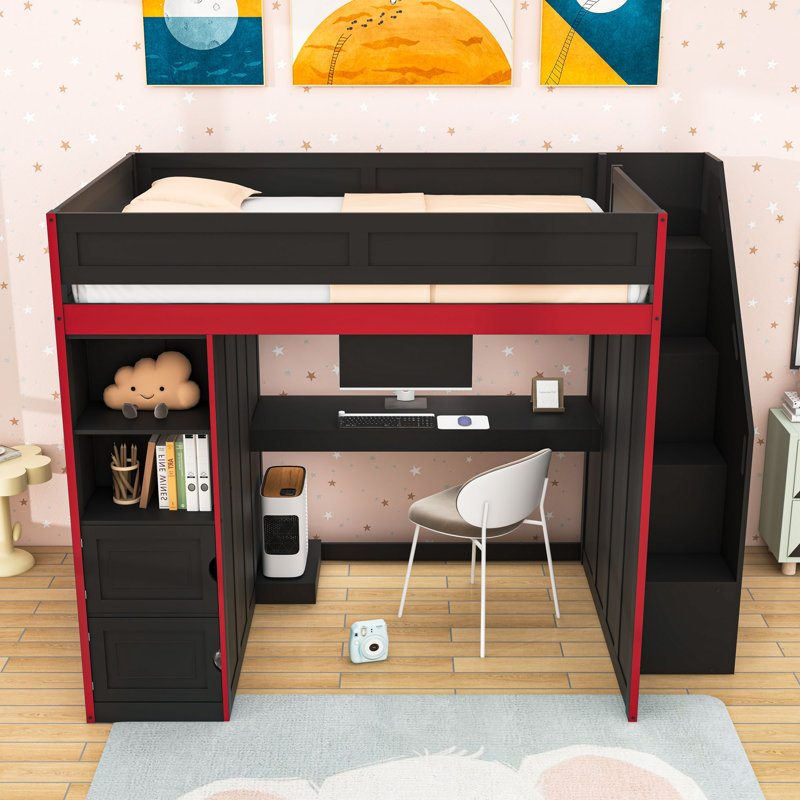 Wooden Gaming Loft Bed with LED Strip, Wardrobe, Stairs and Desk, Full