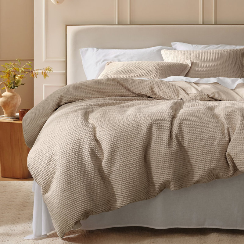 Ensemble de literie 100% coton kaki tissé gaufré pour toutes les saisons (ensemble de 3), Khaki