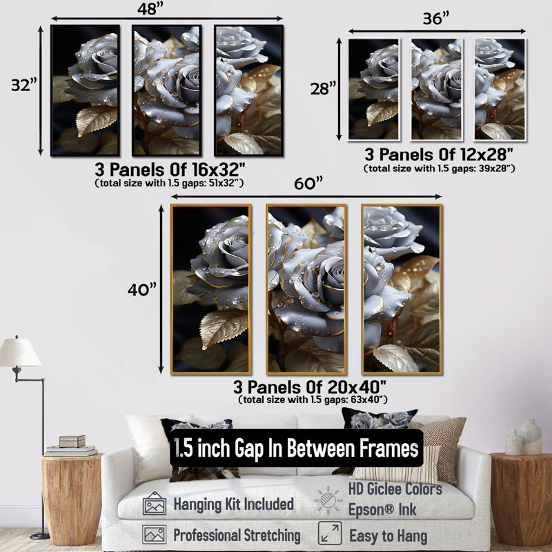 Gris et or rose passion - ensemble de décorations murales roses, H 28 po x l 36 po x P 1 po, Cadre flottant blanc