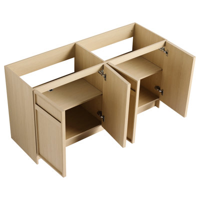 Armoire de rangement autoportante pour salle de bain 60 po - Contreplaqué de chêne moderne avec meuble-lavabo facile d'entretien 4 portes à fermeture en douceur