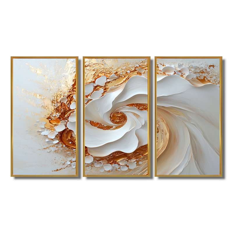«White Gold Cosmic Dance Of Joy - Abstract Spirals», ensemble de reproduction d'art mural, Toile avec cadre flottant noir