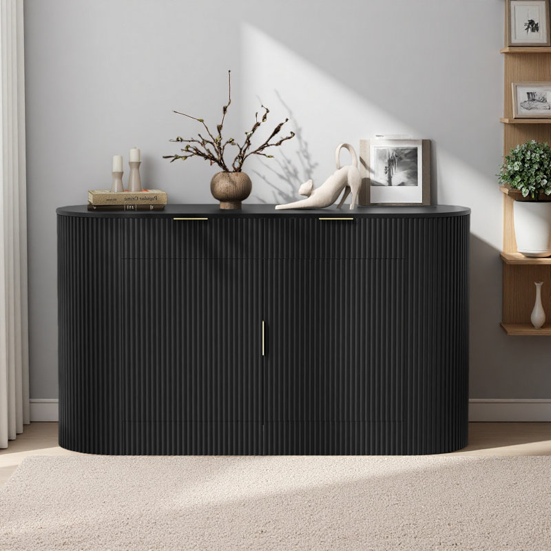 55.1" Modern Storage Cabinet – 2 Doors & 2 Drawers, Stripe MDF Sideboard With Aluminum Handles, Curved Side Door & 3-Tier Shelves