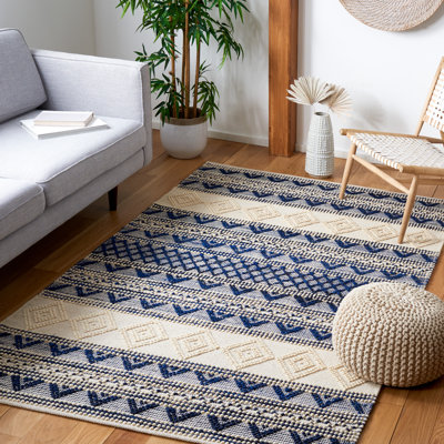 Elsbernd Hand Woven Jute/Wool/Cotton Geometric Rug in Navy Blue/Ivory