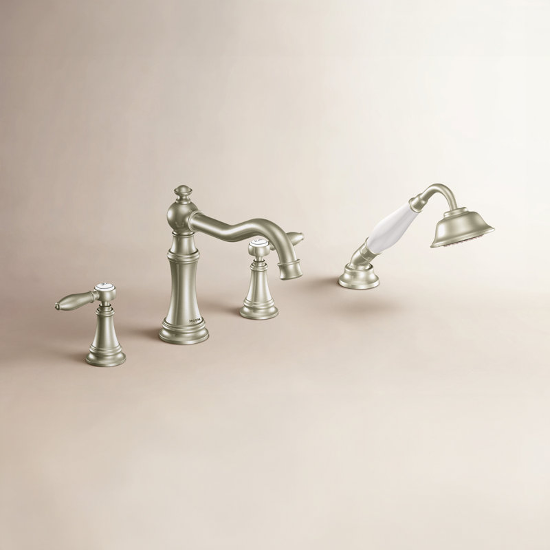Weymouth Double Handle Deck Mounted Roman Tub Faucet Trim with Diverter and Handshower, Brushed Nickel