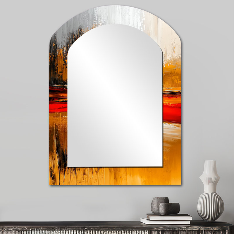 Day And Night Golden Mountain Landscape I - Mountains Asymmetrical Decorative Wall Mirror, Gold Arch Large Mirror, Printed Metal Art