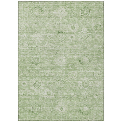 3' X 5' Artichoke Green And Ivory Damask Washable Indoor Outdoor Area Rug