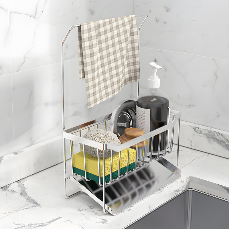 Stainless Steel Sponge Holder With Drainage Basket For Kitchen Sink Countertop Organizer